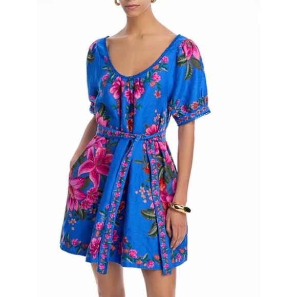 FARM Rio Dresses & Skirts - FARM Rio Blue Floral Puff Sleeve Mini Dress with Pink Blooms
